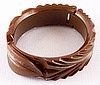 BB205 brown leaf carved hinged bakelite bangle